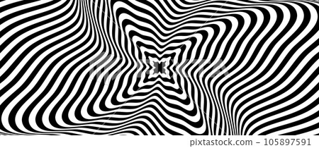 Radial optical illusion background. Black and white abstract distorted lines surface. Poster design. torsion spiral illusion wallpaper. Vector illustration Radial optical illusion background. Black and white abstract distorted lines surface. Poster design. torsion spiral illusion wallpaper. Vector illustration 105897591