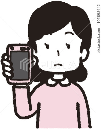 Upper body illustration of a woman holding a smartphone on her right hand 105898442