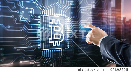 Businessman clicking on virtual screen Bitcoin Cryptocurrency concept. Mining factory. Server racks background 105898506