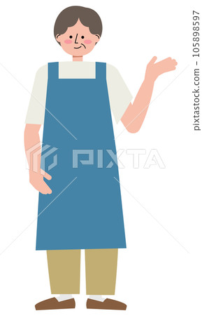Illustration guided by an elderly woman wearing an apron Illustration guided by an elderly woman wearing an apron 105898597
