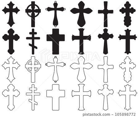 Black silhouettes of different crosses on a white background Black silhouettes of different crosses on a white background 105898772