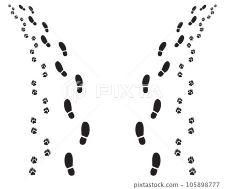 Black footprints of man and dog, turn left or right Black footprints of man and dog, turn left or right 105898777