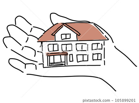 Simple line drawing illustration of a house on one hand 105899201