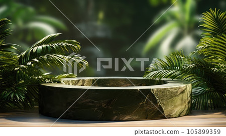 Minimal modern product display on neutral beige background. Stone slice podium and green leaves. 105899359