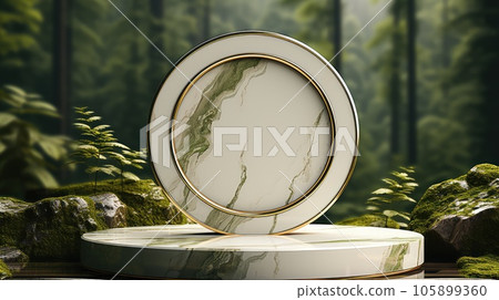 Minimal modern product display on neutral beige background. Stone slice podium and green leaves. 105899360