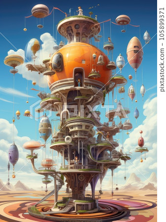 imagination house with balloons floating in the blue sky with sunshine and white fluffy clouds. imagination house with balloons floating in the blue sky with sunshine and white fluffy clouds. 105899371