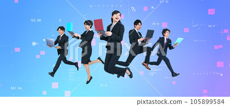 Group of young business people with jumping PCs and digital data image Group of young business people with jumping PCs and digital data image 105899584