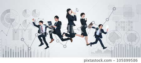 一群年輕商人跳躍和統計數據圖像 105899586
