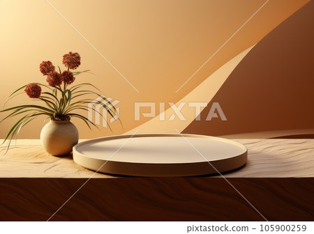 Round wooden saw cut cylinder shape on beige background abstract background. product podium with architecture columns on warm tone. AI Generative 105900259