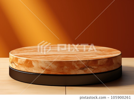 Round wooden saw cut cylinder shape on beige background abstract background. product podium with architecture columns on warm tone. AI Generative 105900261