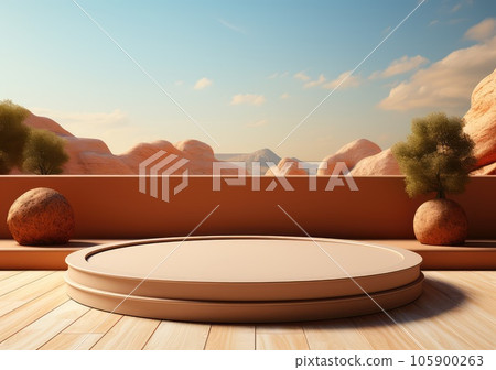 Round wooden saw cut cylinder shape on beige background abstract background. product podium with architecture columns on warm tone. AI Generative Round wooden saw cut cylinder shape on beige background abstract background. product podium with architecture columns on warm tone. AI Generative 105900263