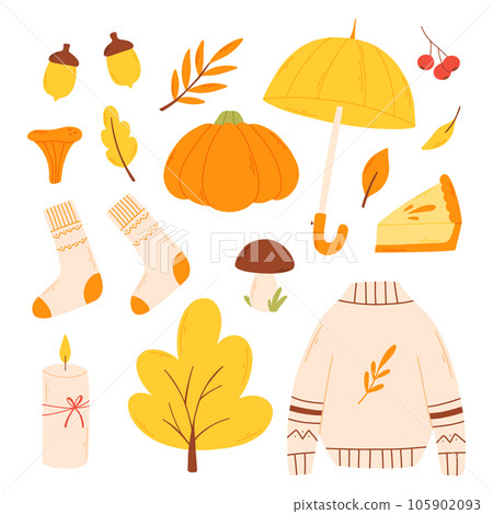 Set of autumn elements in a flat style. Hand... - Stock Illustration ...