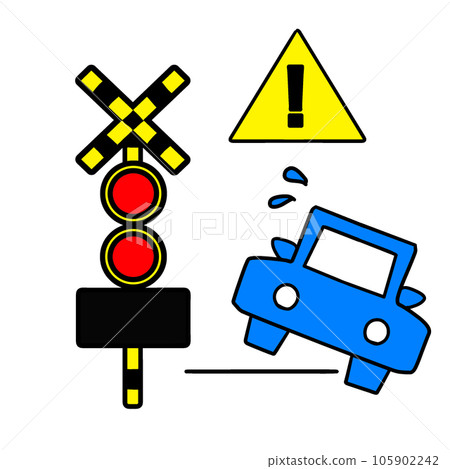 An illustration of a car running off the track. Indication of railroad crossing trouble 105902242