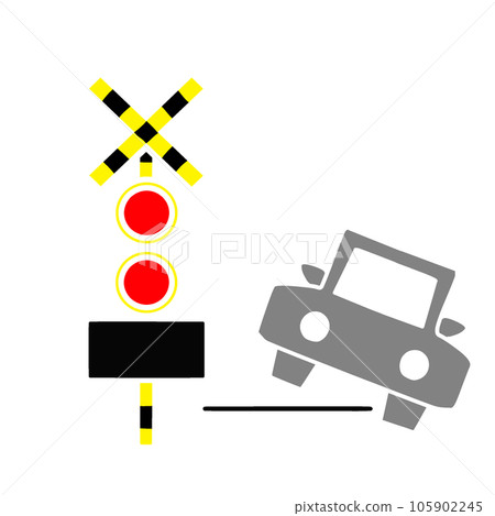 An illustration of a car running off the track. Indication of railroad crossing trouble 105902245