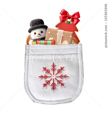Christmas gifts in pocket on suede texture of ivory color. Xmas background with toys and gift box in suede pocket of light beige color. Isolated on white background Christmas gifts in pocket on suede texture of ivory color. Xmas background with toys and gift box in suede pocket of light beige color. Isolated on white background 105903806