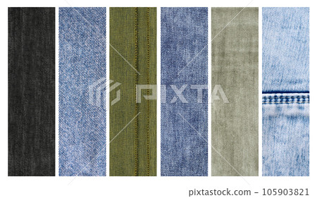 Set of vertical or horizontal banners with denim texture of different colors. Light blue, black, grey, green and navy color denim jeans fabric material. Copy space for text 105903821