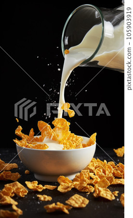 Corn flakes are poured with milk 105903919