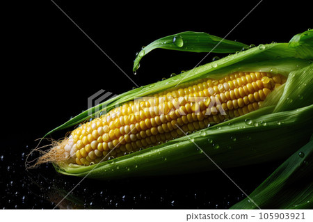 Corn on the cob with water drops on a dark background 105903921