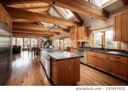 Kitchen interior in a wooden house with high ceilings and beams. 105903928