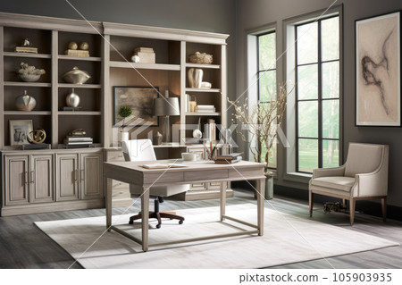 Interior of a room with a workplace at a table with a computer. Luxury cabinet furniture 105903935