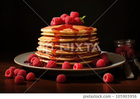 Pancakes with raspberries and jam in a plate. Pancakes with raspberries and jam in a plate. 105903956