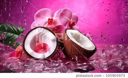 Fresh juicy coconut halves, palm leaves and flowers painted in metallic pink with water droplets 105903973