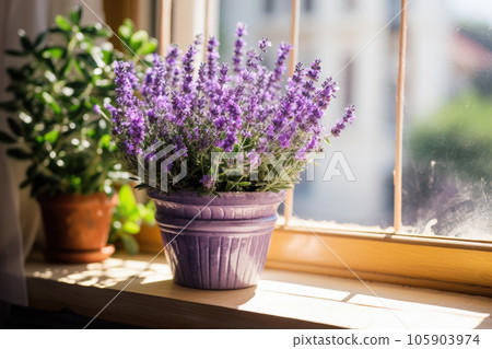 Lavender flowers on the window in a pot 105903974