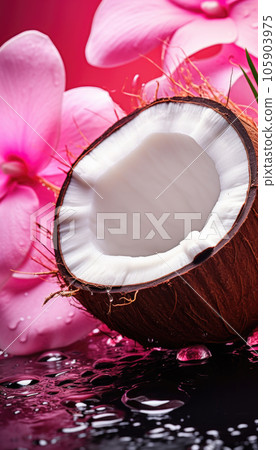 Fresh juicy coconut halves, palm leaves and flowers painted in metallic pink with water droplets 105903975