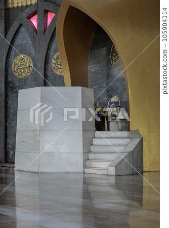 Architecture design inside the Foundation of the Central Mosque and Islamic Center of Thailand. Detail of interior building built for Islamic Affairs are designed with elegant. Architecture design inside the Foundation of the Central Mosque and Islamic Center of Thailand. Detail of interior building built for Islamic Affairs are designed with elegant. 105904114