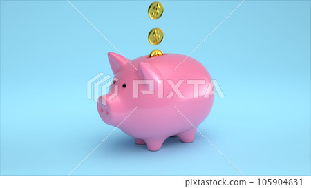 Pink Piggy Bank on teal background and golden coins 3d render Pink Piggy Bank on teal background and golden coins 3d render 105904831