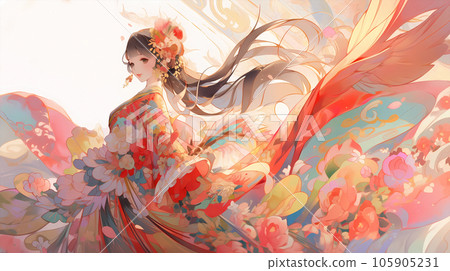 手绘卡通唯美的动漫中国古装少女插画 105905231