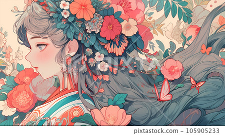 手绘卡通唯美的动漫中国古装少女插画 105905233