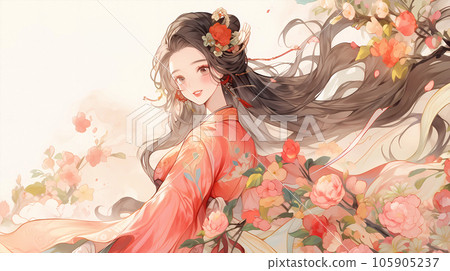手绘卡通唯美的动漫中国古装少女插画 105905237
