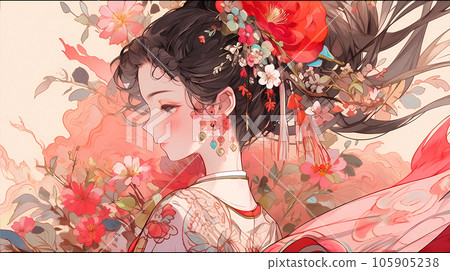 手绘卡通唯美的动漫中国古装少女插画 105905238