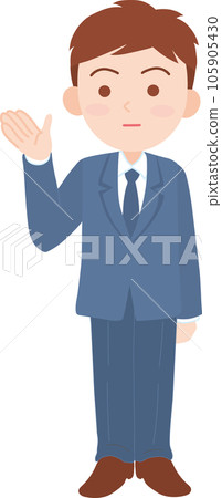 年輕男性上班族_舉起一隻手，微笑地向左方向示意_全身 105905430