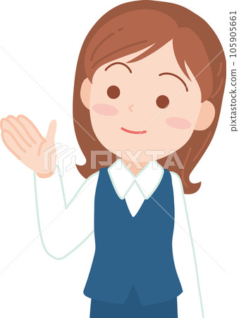 Young female office worker _ raise one hand and smilely point to the left _ upper body 105905661