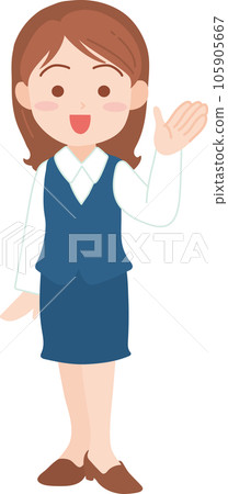 年輕女上班族_舉起左手微笑站立_全身 105905667
