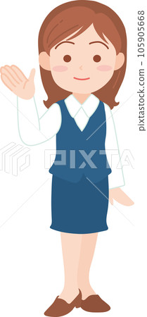 年輕女上班族_舉起右手微笑站立_全身 105905668