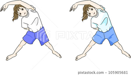 A girl who exercises to stretch her arms sideways in a gymnastics class or physical education 105905681
