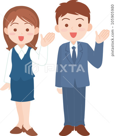 Young office worker men and women _ raise one hand and point to the right side _ whole body Young office worker men and women _ raise one hand and point to the right side _ whole body 105905980