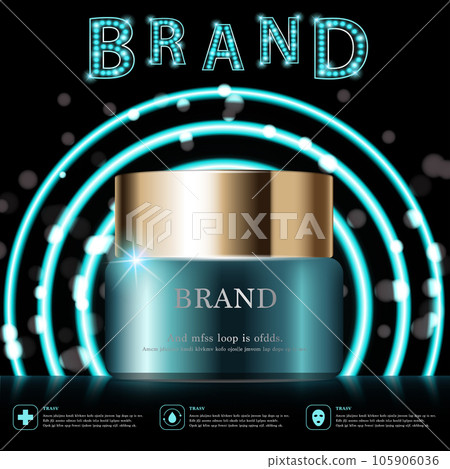 Hydrating facial cream for annual sale or festival sale. Green and gold cream mask bottle isolated on green neon light background. Graceful cosmetic ads, illustration. 105906036