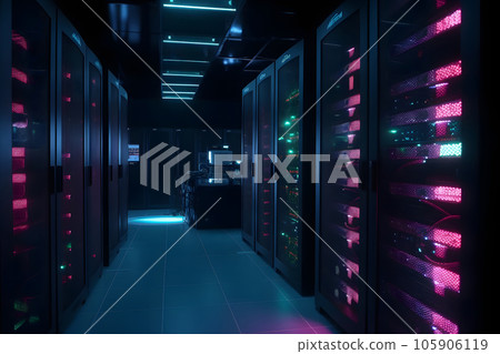 data center with multiple rows of fully operational servers in cyan-purple colors, neural network generated image data center with multiple rows of fully operational servers in cyan-purple colors, neural network generated image 105906119