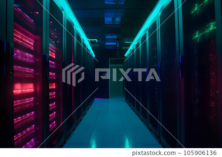 data center with multiple rows of fully operational servers in cyan-purple colors, neural network generated image data center with multiple rows of fully operational servers in cyan-purple colors, neural network generated image 105906136