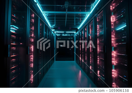 data center with multiple rows of fully operational servers in cyan-purple colors, neural network generated image data center with multiple rows of fully operational servers in cyan-purple colors, neural network generated image 105906138