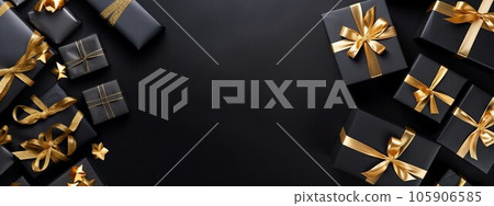Black gift boxes arranged on dark background, black friday discounts concept Black gift boxes arranged on dark background, black friday discounts concept 105906585