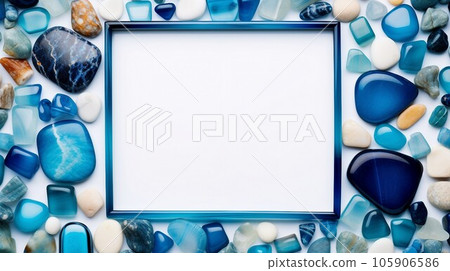 Frame of crystals and gem stones, sea glass, blue and pink colors 105906586