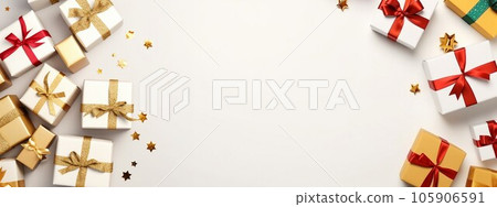 Many gift boxes tied with red and gold ribbons on white background. Christmas background. Many gift boxes tied with red and gold ribbons on white background. Christmas background. 105906591