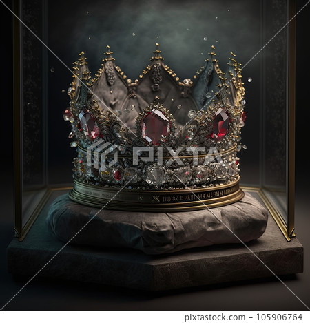 a crown with encrusted diamonds and rubies in a display case held up my metal supports, spotlights -  Generative AI 105906764