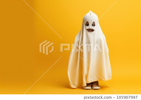 Happy Halloween, Cute little kid in ghost costume on isolated background. Happy Halloween, Cute little kid in ghost costume on isolated background. 105907997