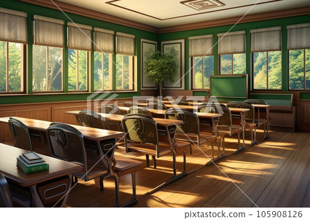 Classroom interior with chairs and green walls. Classroom interior with chairs and green walls. 105908126